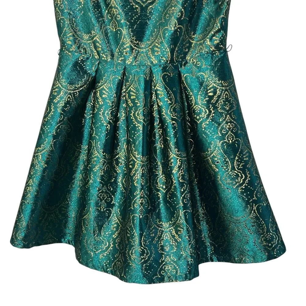 The Children’s Place Girls Dress Size 14 Teal Green Gold Brocade Party Holiday